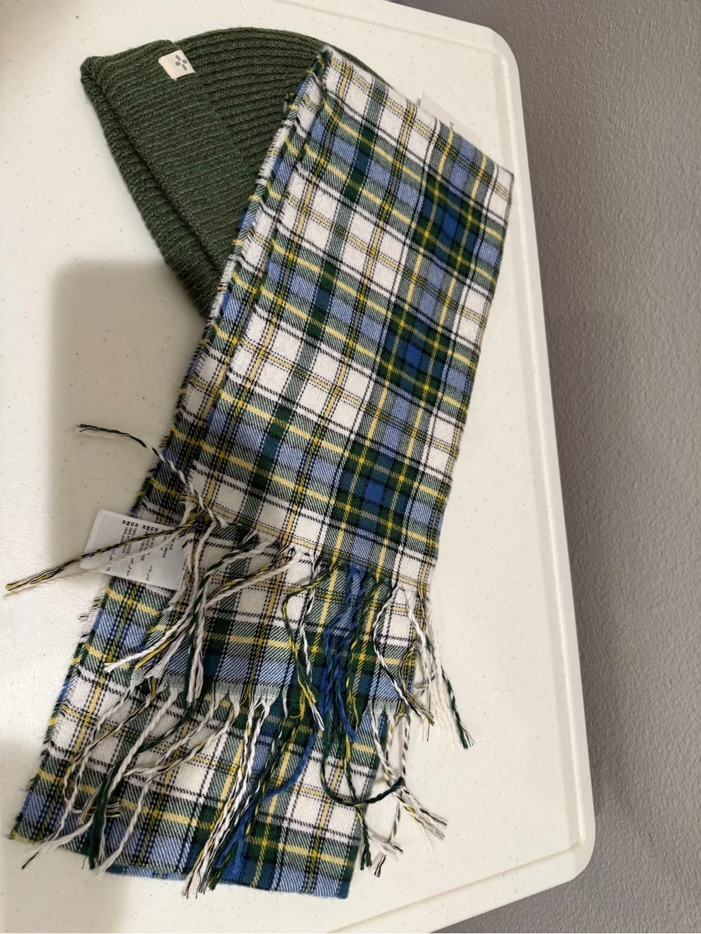 New Sun + Stone Olive Green Knit Beanie with Blue, White & Green Plaid Scarf